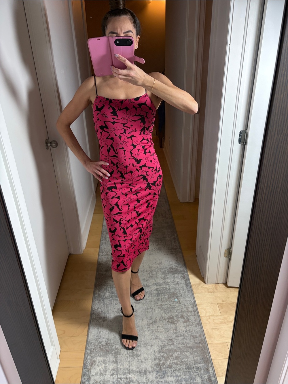 Zara Hot Pink & Black Floral Slip Midi Dress